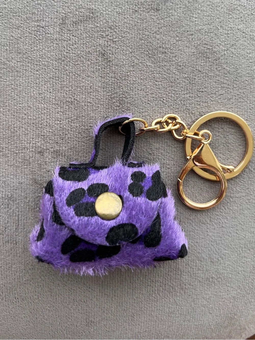 Purple Faux Fur Leopard Print Mini Purse Keychain